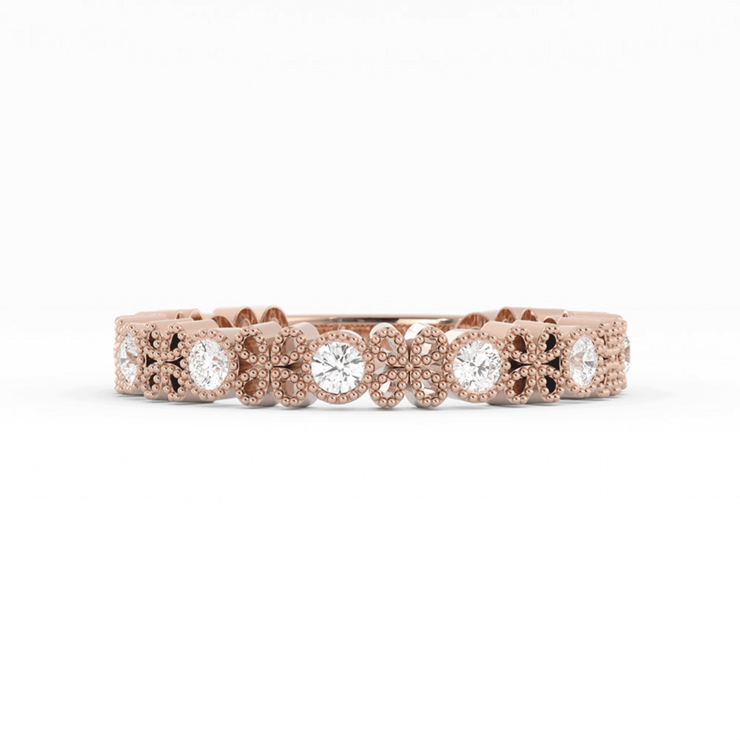 10K Rose Gold Round Three Quarter Petal and Milgrain Natural Diamond Wedding Band