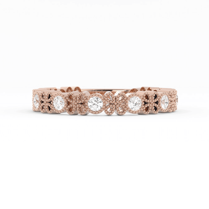 10K Rose Gold Round Three Quarter Petal and Milgrain Natural Diamond Wedding Band