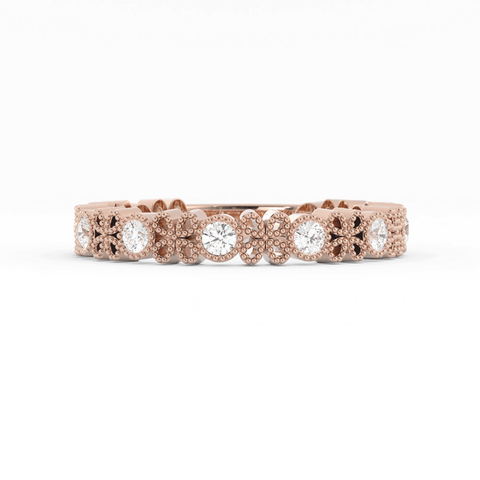 10K Rose Gold Round Three Quarter Petal and Milgrain Natural Diamond Wedding Band