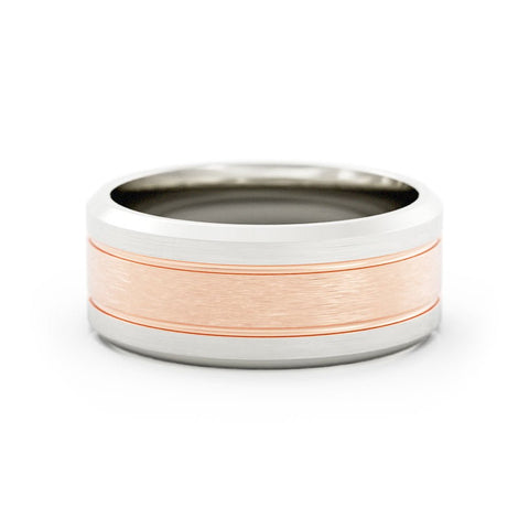 Two-Tone 10K White/Rose Gold Satin Double Groove with Beveled Edge 8mm Wedding Band