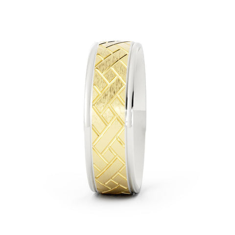 Two-Tone 10K White/Yellow Gold Satin Weave Pattern 6mm Wedding Band