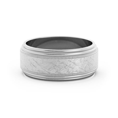 10K White Gold Scratch Milgrain Center with Double Groove 8mm Wedding Band