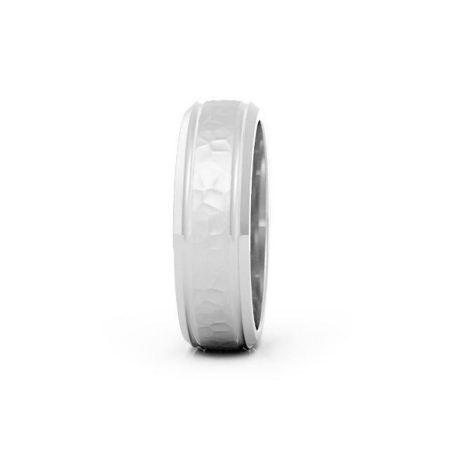 10K White Gold Hammered Outside Groove with Beveled Edge 6mm Wedding Band
