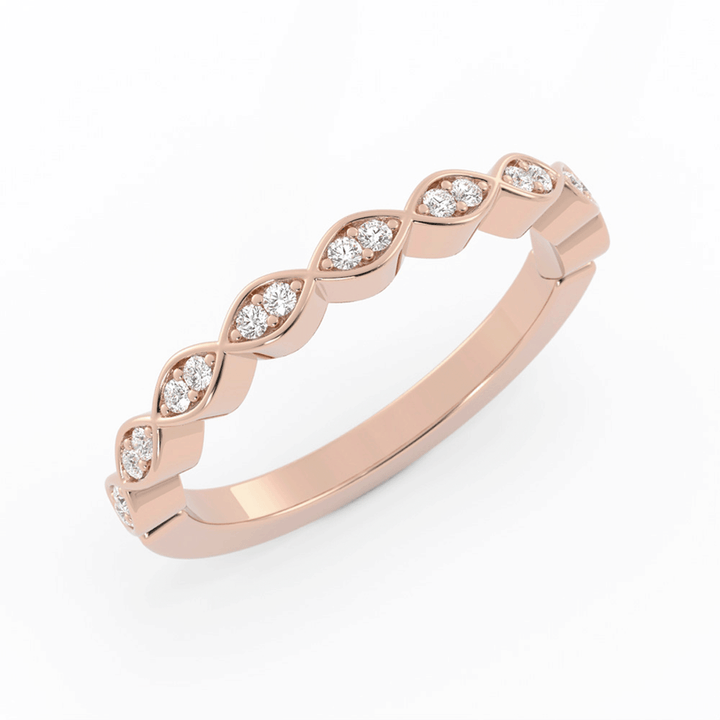 14K Rose Gold Round Half Shank Eyelet Paired Stone Lab Grown Diamond Wedding Band