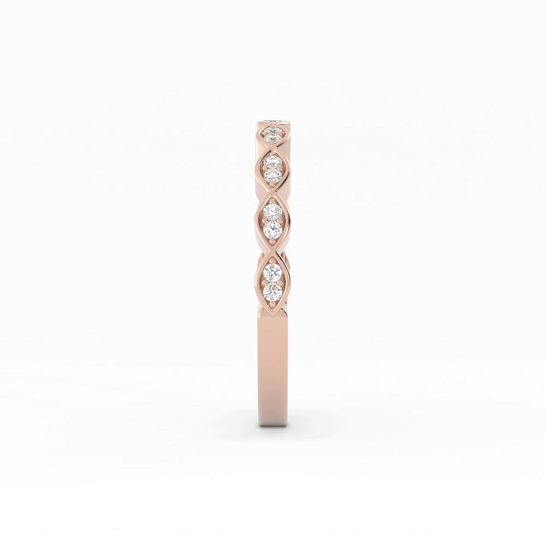 14K Rose Gold Round Half Shank Eyelet Paired Stone Lab Grown Diamond Wedding Band