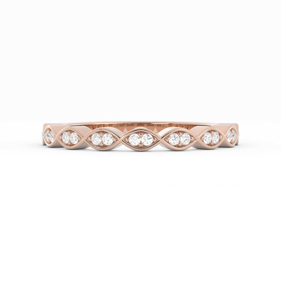 14K Rose Gold Round Half Shank Eyelet Paired Stone Lab Grown Diamond Wedding Band