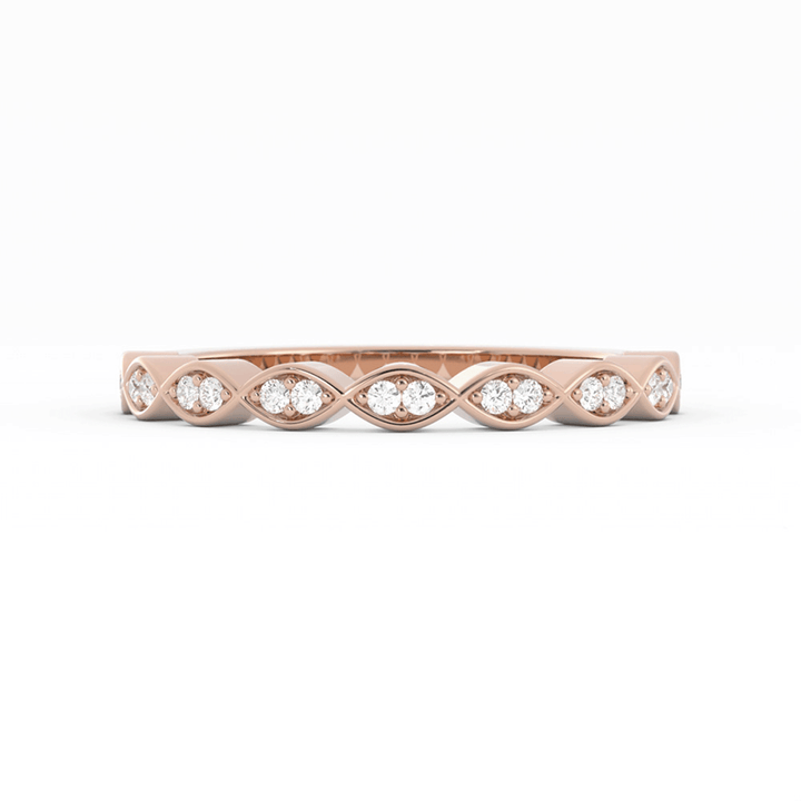14K Rose Gold Round Half Shank Eyelet Paired Stone Lab Grown Diamond Wedding Band