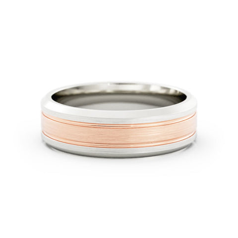 Two-Tone 14K White/Rose Gold Satin Double Groove with Beveled Edge 6mm Wedding Band