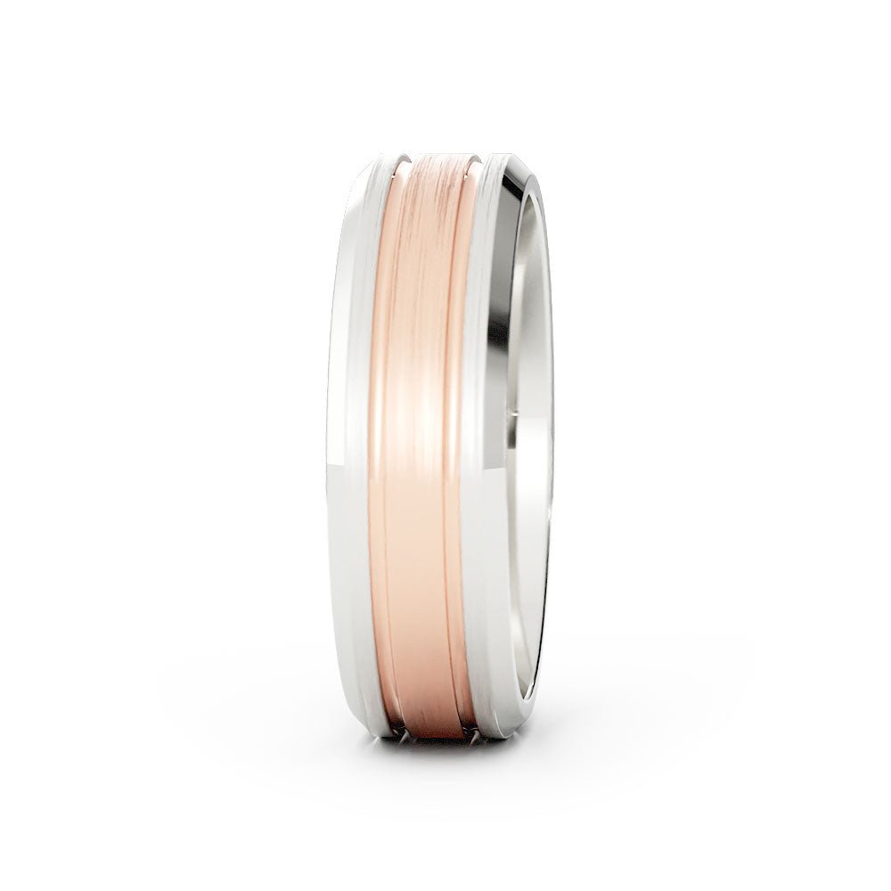 Two-Tone 14K White/Rose Gold Satin Double Groove with Beveled Edge 6mm Wedding Band