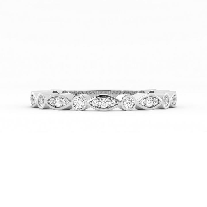 14K White Gold Round Three Quarter Alternating Eyelet Lab Grown Diamond Wedding Band