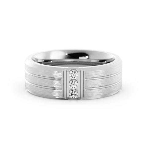 14K White Gold Round Triple Lab Grown Diamond with Double Groove Wedding Band