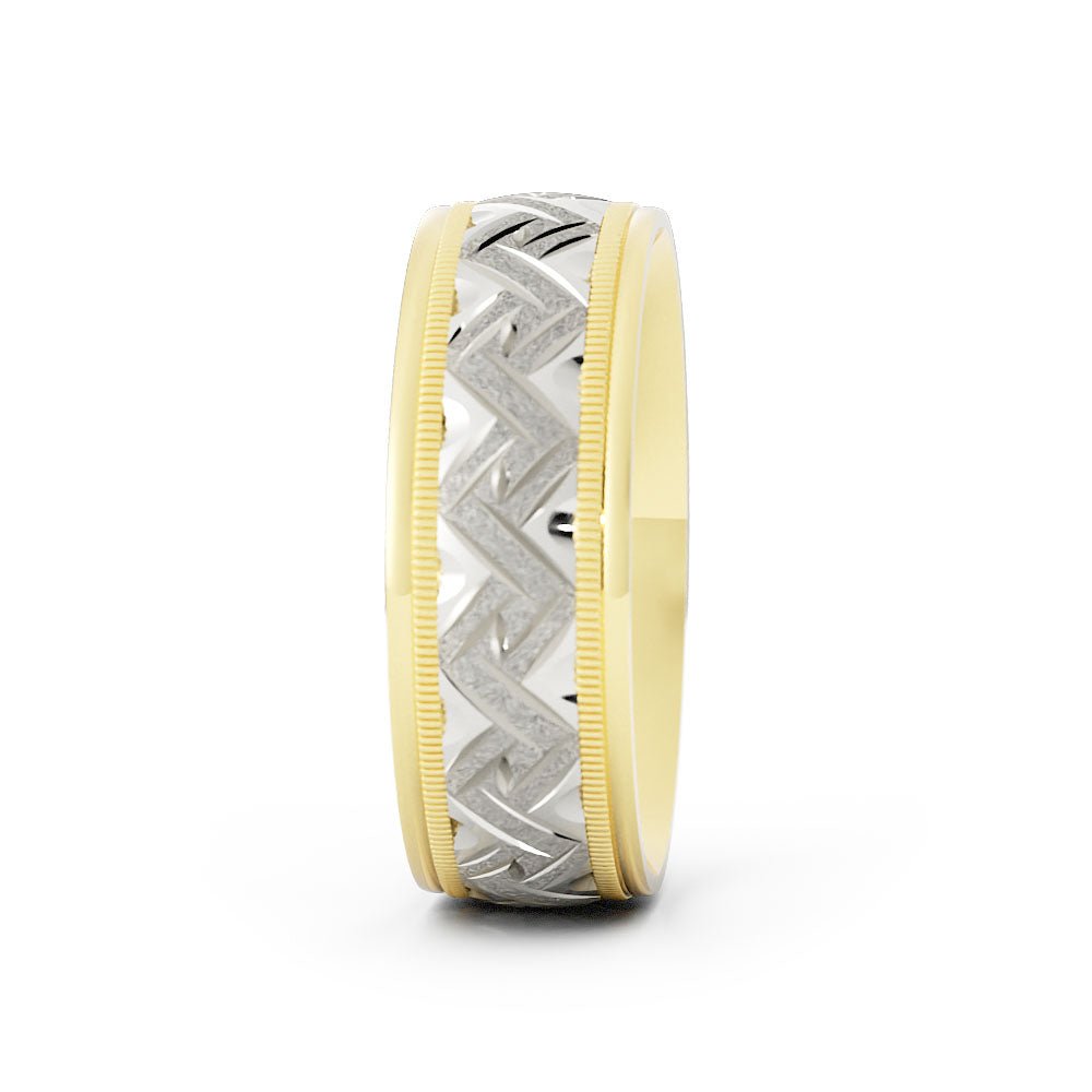 Two-Tone 14K Yellow/White Gold Rugged Sandblast Milgrain Edge with Weave Pattern 7mm Wedding Band
