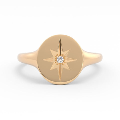 14K Yellow Gold Oval Starburst Lab Grown Diamond Signet Ring