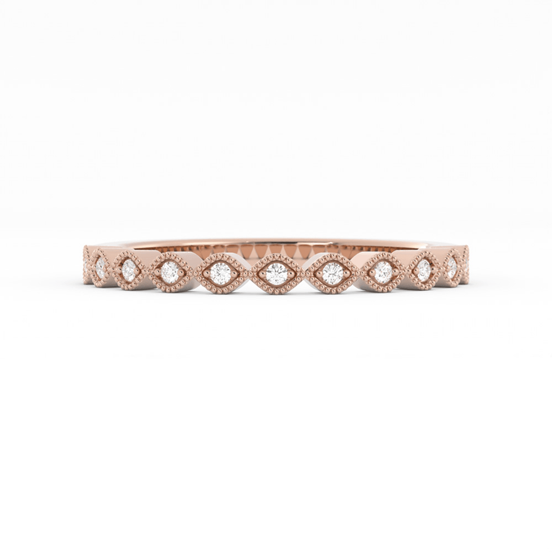 18K Rose Gold Round Half Shank Eyelet Milgrain Lab Grown Diamond Wedding Band