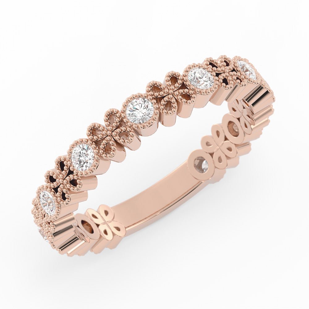 18K Rose Gold Round Three Quarter Petal and Milgrain Lab Grown Diamond Wedding Band