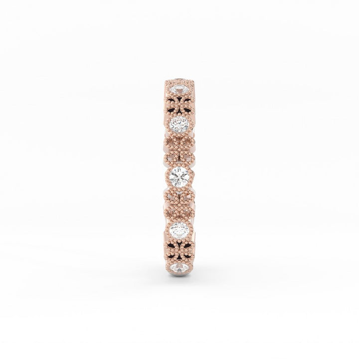 18K Rose Gold Round Three Quarter Petal and Milgrain Lab Grown Diamond Wedding Band