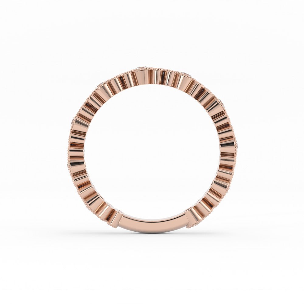 18K Rose Gold Round Three Quarter Petal and Milgrain Lab Grown Diamond Wedding Band