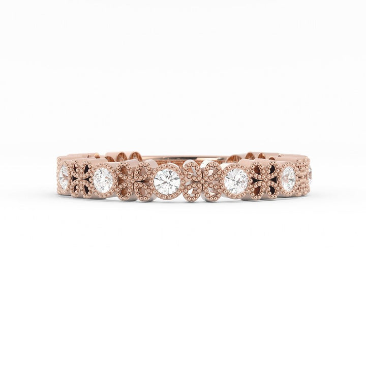 18K Rose Gold Round Three Quarter Petal and Milgrain Lab Grown Diamond Wedding Band