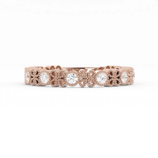 18K Rose Gold Round Three Quarter Petal and Milgrain Natural Diamond Wedding Band