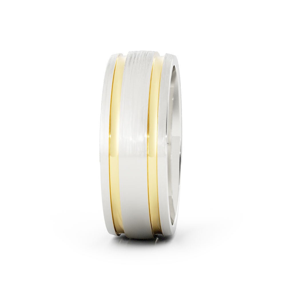 Two-Tone 18K White/Yellow Gold Satin Double Outside Groove 7mm Wedding Band