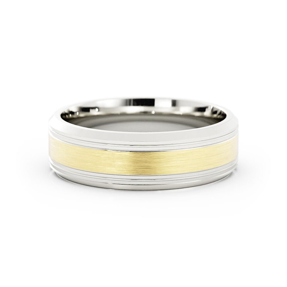 Two-Tone 18K White/Yellow Gold Satin Outside Groove with Beveled Edge 6mm Wedding Band