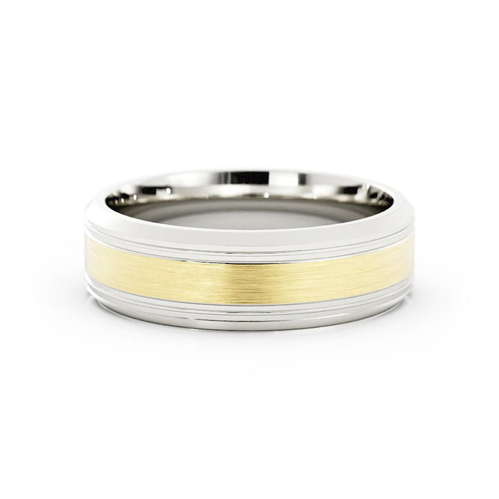 Two-Tone 18K White/Yellow Gold Satin Outside Groove with Beveled Edge 6mm Wedding Band