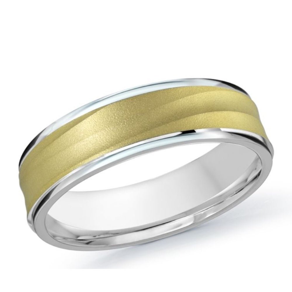 Two-Tone 18K White/Yellow Gold Rugged Sandblast Wave Pattern 6mm Wedding Band