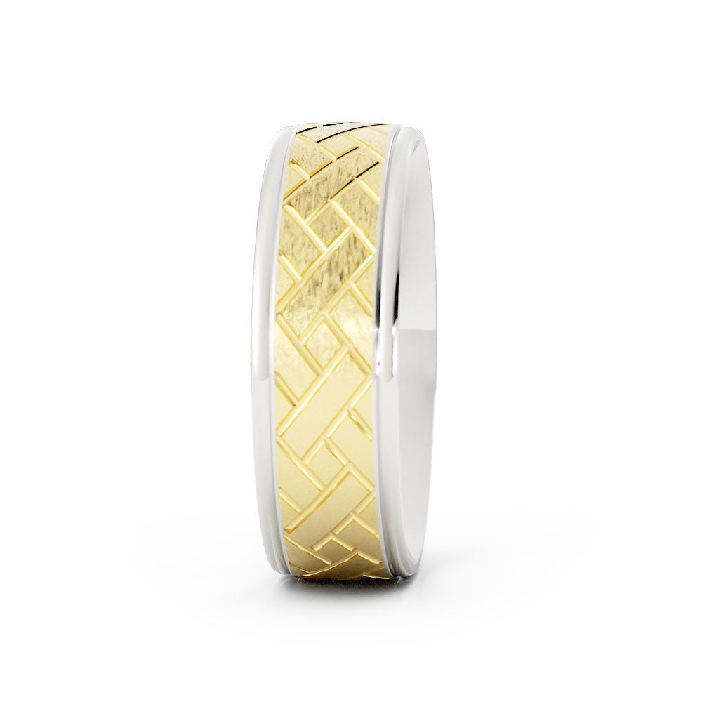Two-Tone 18K White/Yellow Gold Satin Weave Pattern 6mm Wedding Band