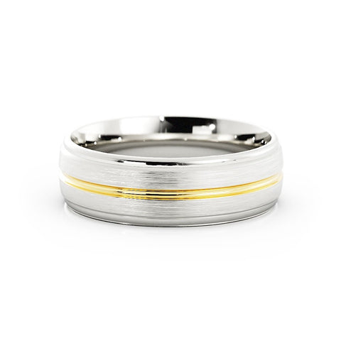 Two-Tone 18K White/Yellow Gold Satin with Center Groove 6mm Wedding Band
