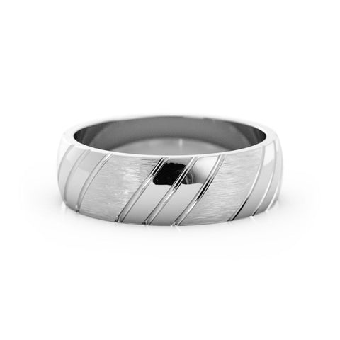 18K White Gold Satin Diagonal Groove with Alternating Finish 6mm Wedding Band