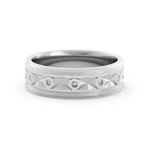 18K White Gold Satin Diamond Pattern 6mm Wedding Band