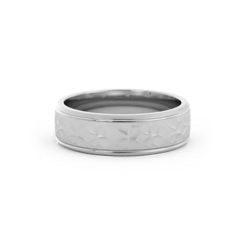 18K White Gold Hammered Two Channel 6mm Wedding Band