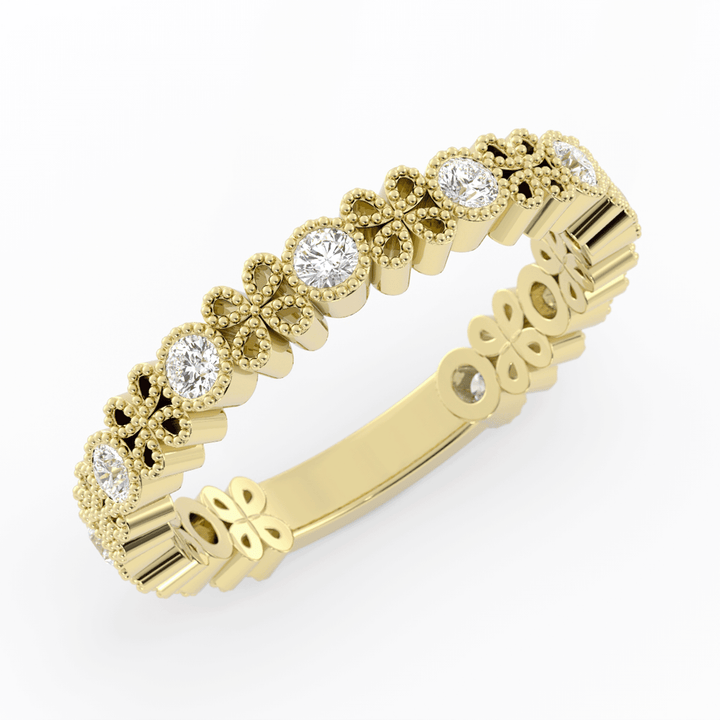 18K Yellow Gold Round Three Quarter Petal and Milgrain Lab Grown Diamond Wedding Band