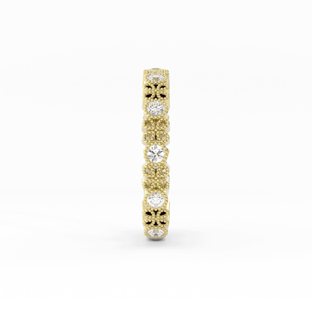 18K Yellow Gold Round Three Quarter Petal and Milgrain Lab Grown Diamond Wedding Band