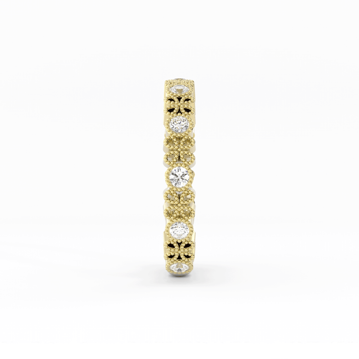 18K Yellow Gold Round Three Quarter Petal and Milgrain Lab Grown Diamond Wedding Band