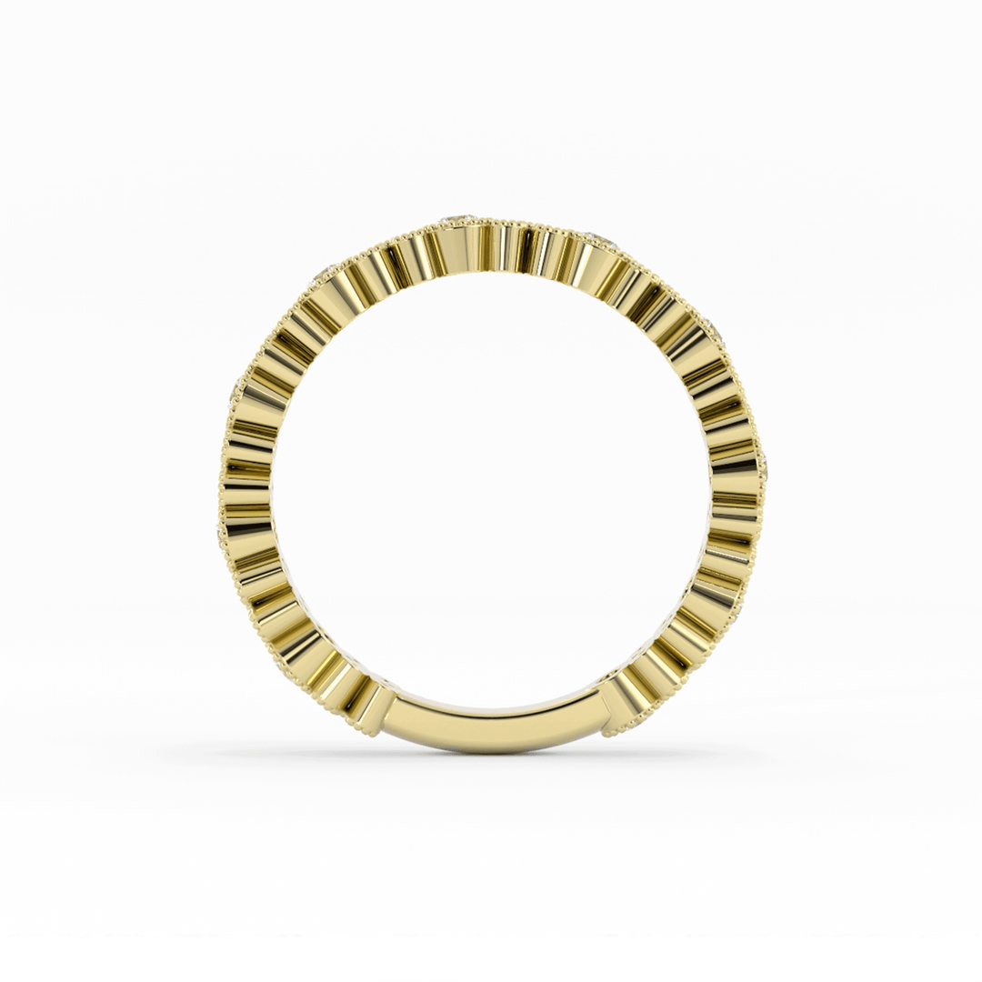 18K Yellow Gold Round Three Quarter Petal and Milgrain Lab Grown Diamond Wedding Band