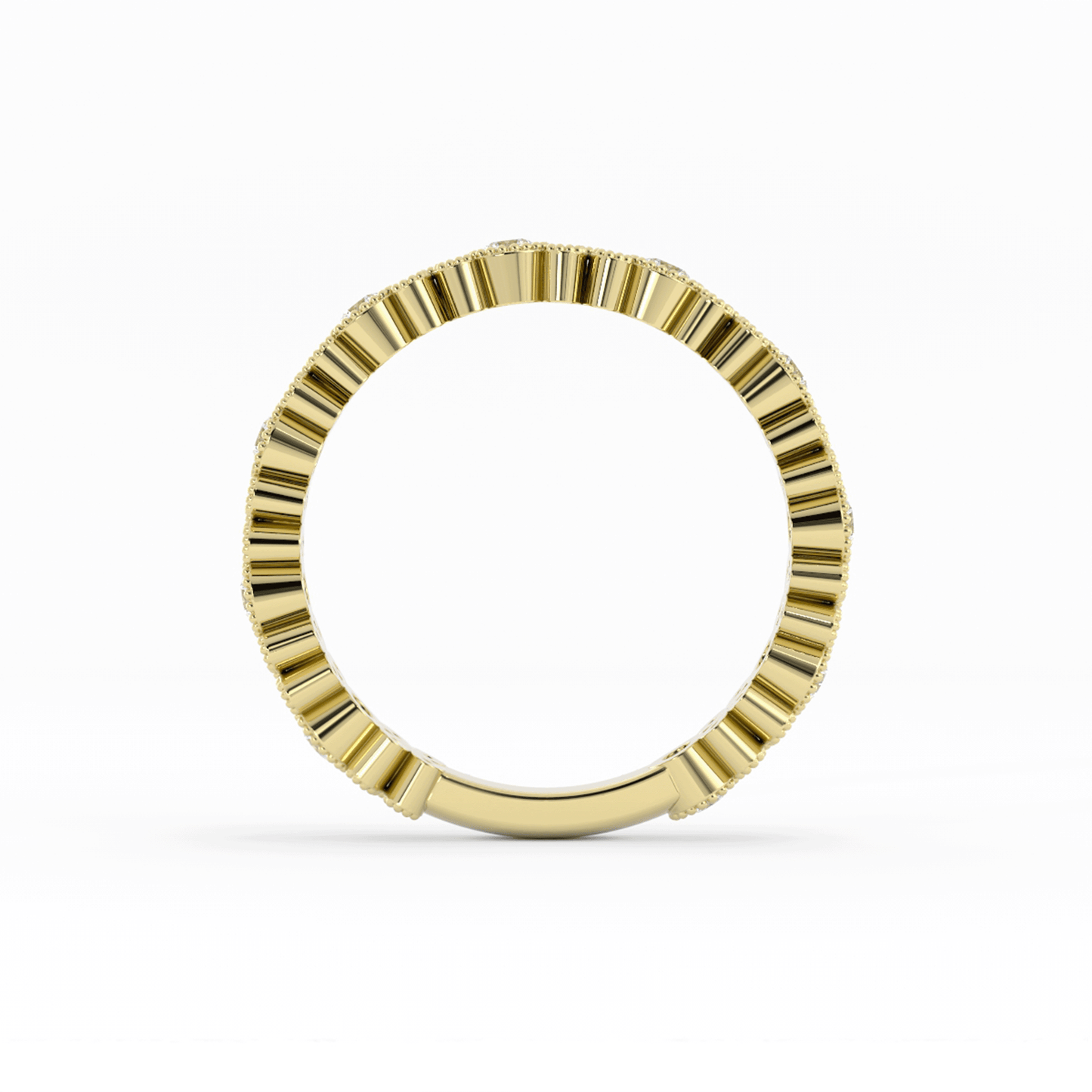 18K Yellow Gold Round Three Quarter Petal and Milgrain Lab Grown Diamond Wedding Band