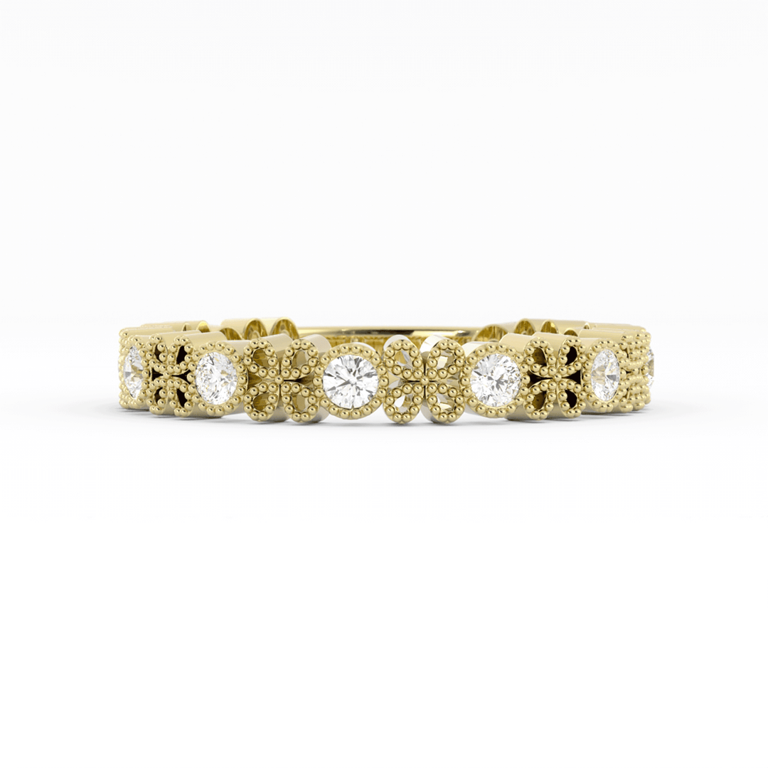 18K Yellow Gold Round Three Quarter Petal and Milgrain Lab Grown Diamond Wedding Band