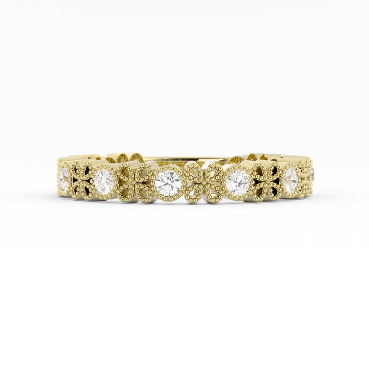 18K Yellow Gold Round Three Quarter Petal and Milgrain Lab Grown Diamond Wedding Band