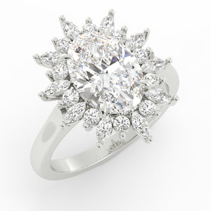 Custom engagement ring in platinum 950: natural oval diamond with a snowflake halo of marquise and round diamonds, photorealistic render