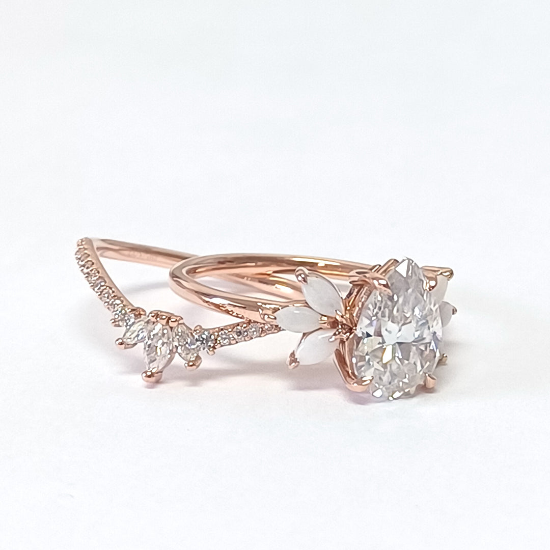 10K Rose, Moissanite Center, Moissanite and Opal Melee, Customer Wedding Set, Repair and Resize