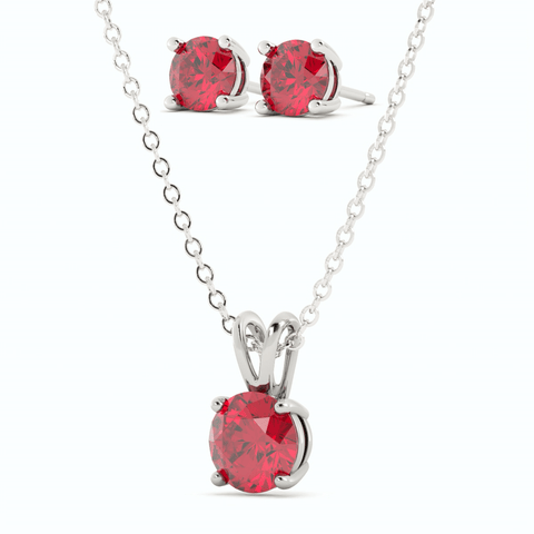 18K White Gold Plated Ruby Stud Earrings and Pendant Necklace Set