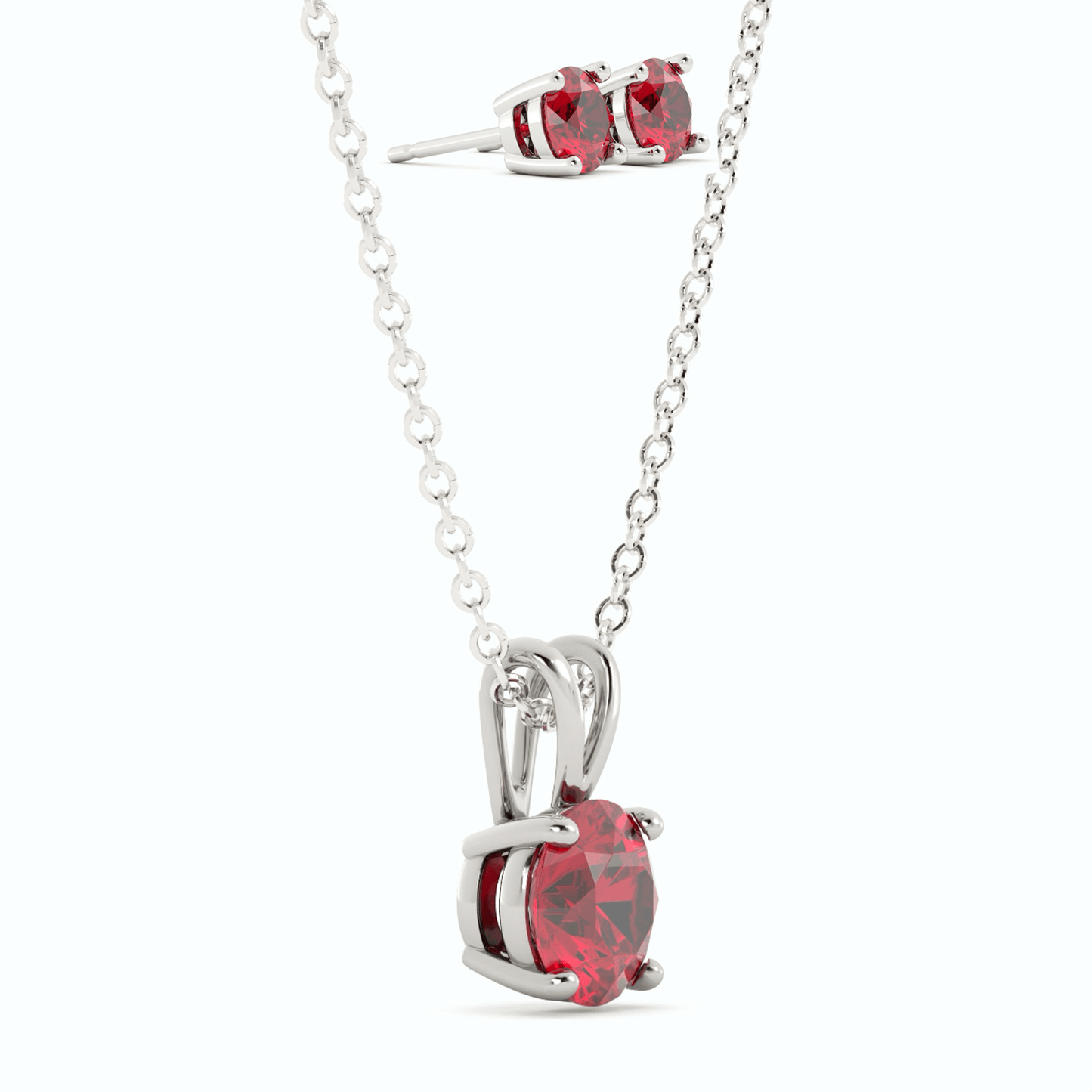 18K White Gold Plated Ruby Stud Earrings and Pendant Necklace Set