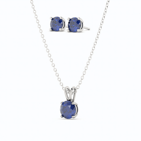 18K White Gold Plated Sapphire Stud Earrings and Pendant Necklace Set