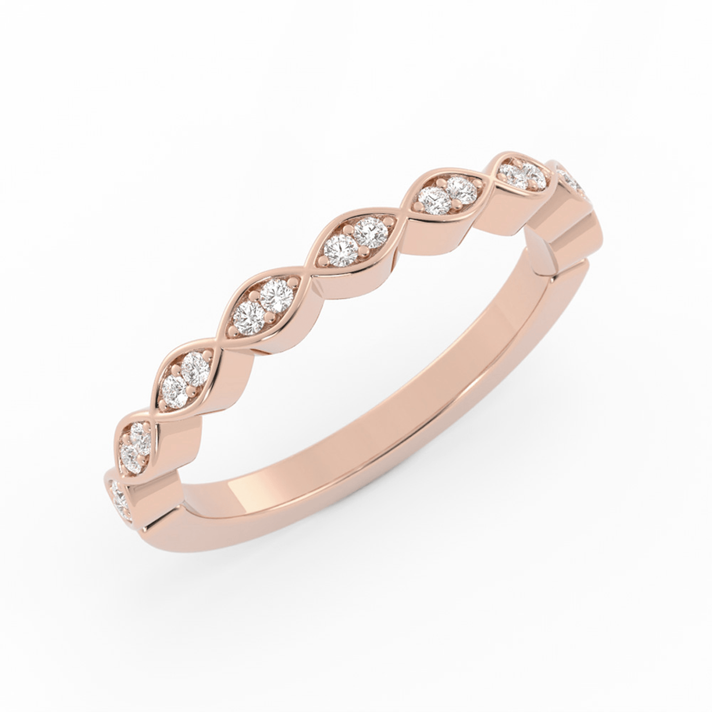 10K Rose Gold Round Half Shank Eyelet Paired Stone Lab Grown Diamond Wedding Band