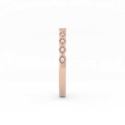 10K Rose Gold Round Half Shank Eyelet Milgrain Lab Grown Diamond Wedding Band