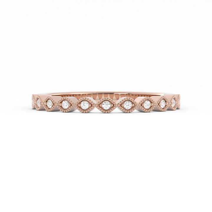 10K Rose Gold Round Half Shank Eyelet Milgrain Lab Grown Diamond Wedding Band
