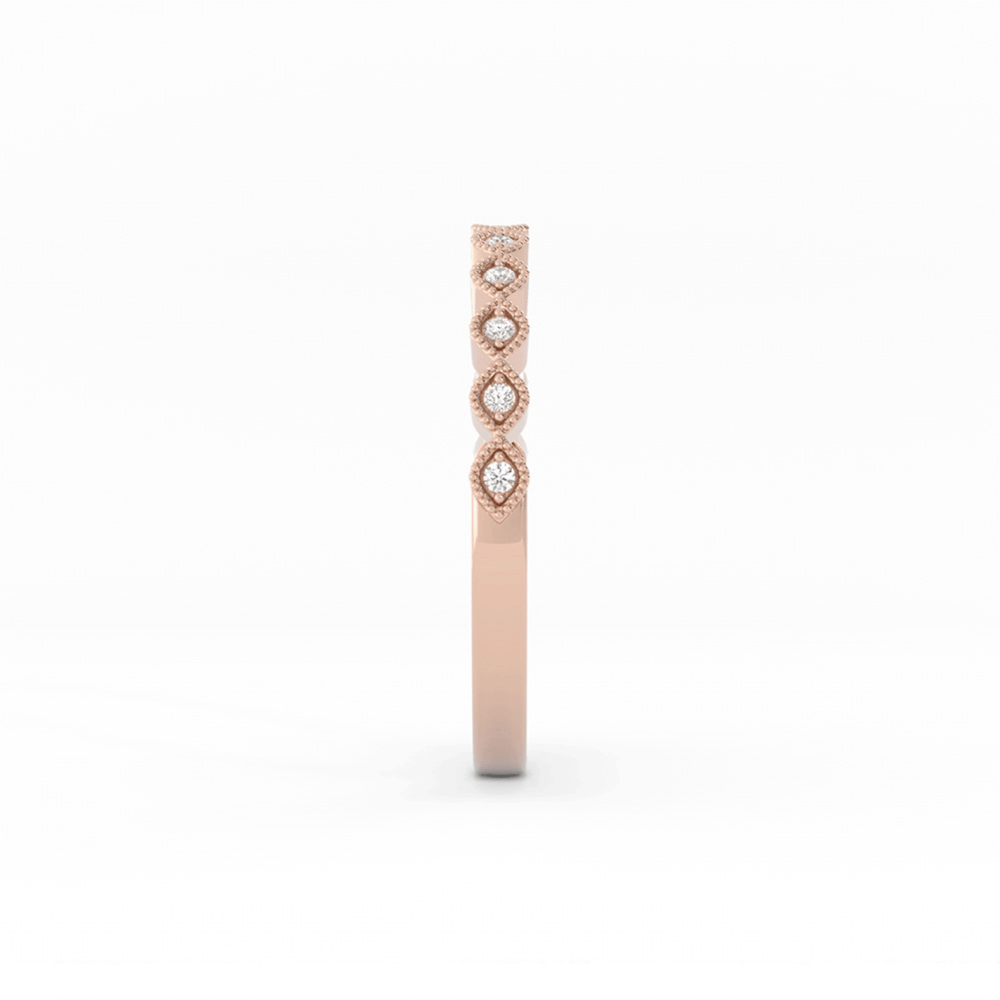 10K Rose Gold Round Half Shank Eyelet Milgrain Natural Diamond Wedding Band