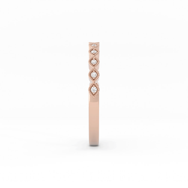 10K Rose Gold Round Half Shank Eyelet Milgrain Natural Diamond Wedding Band