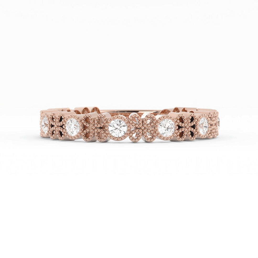 10K Rose Gold Round Three Quarter Petal and Milgrain Lab Grown Diamond Wedding Band